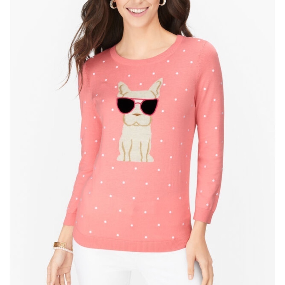 Talbots Pink Polka Dot Embroidered Dog Sweater Size Medium Petite